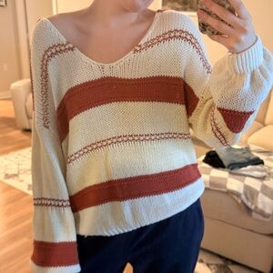Striped V-Neck Sweater - Cream and Red